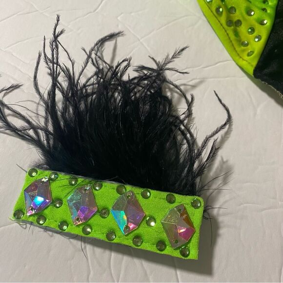 Glamour solo dance costume neon green Feather rhinestone embellished leotard MA - Picture 9 of 13